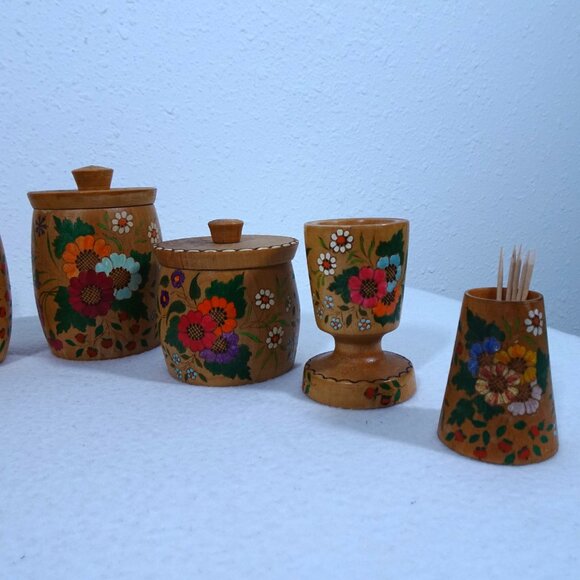 Vintage Wooden Folk Art Spice Containers Egg Cups Toothpick Holder Hand Painted - Picture 7 of 16